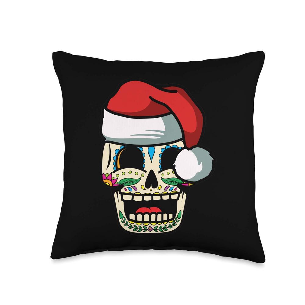 3447 Sugar Skull Santa Hat Smile X-Mas Funny Christmas Gifts Throw Pillow